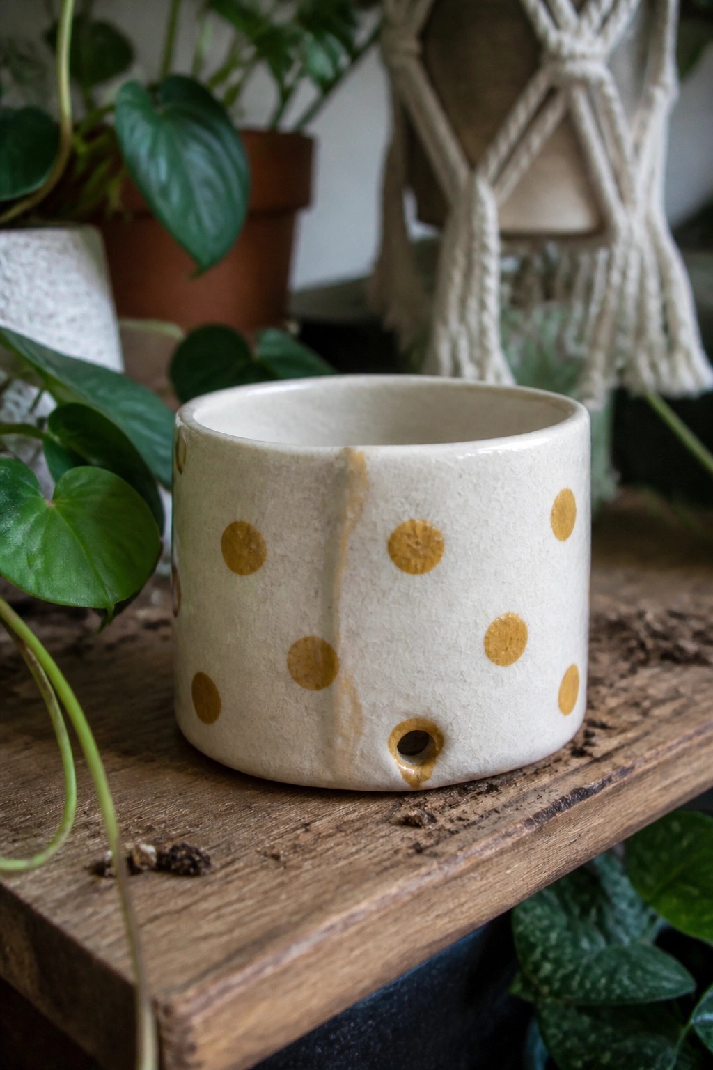 White ceramic planter with gold dots and drainage hole on wooden shelf amid plants