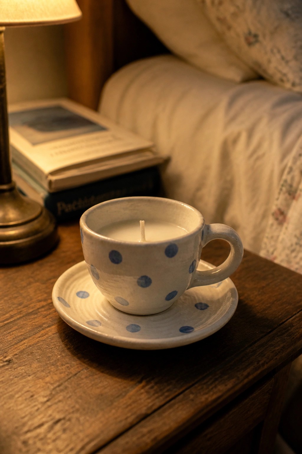 A white ceramic cup with blue polka dots holds a wax candle with a wick and rests on a matching saucer on a wooden surface.