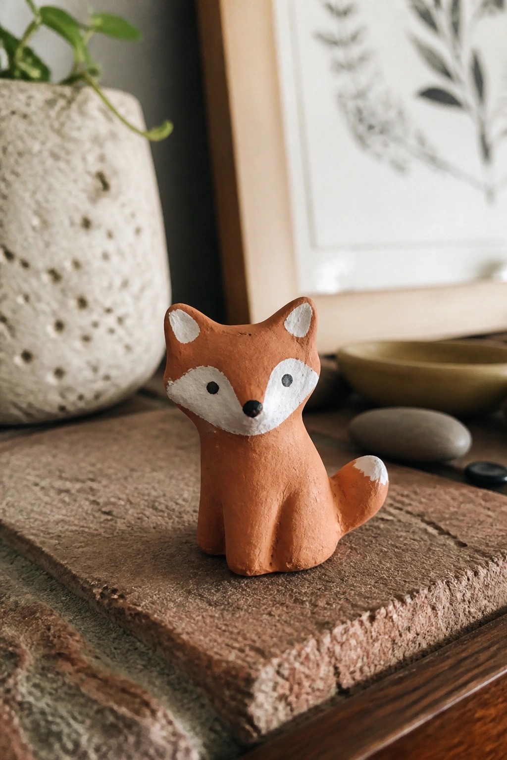 Terracotta fox figurine with white markings sitting on a wooden table