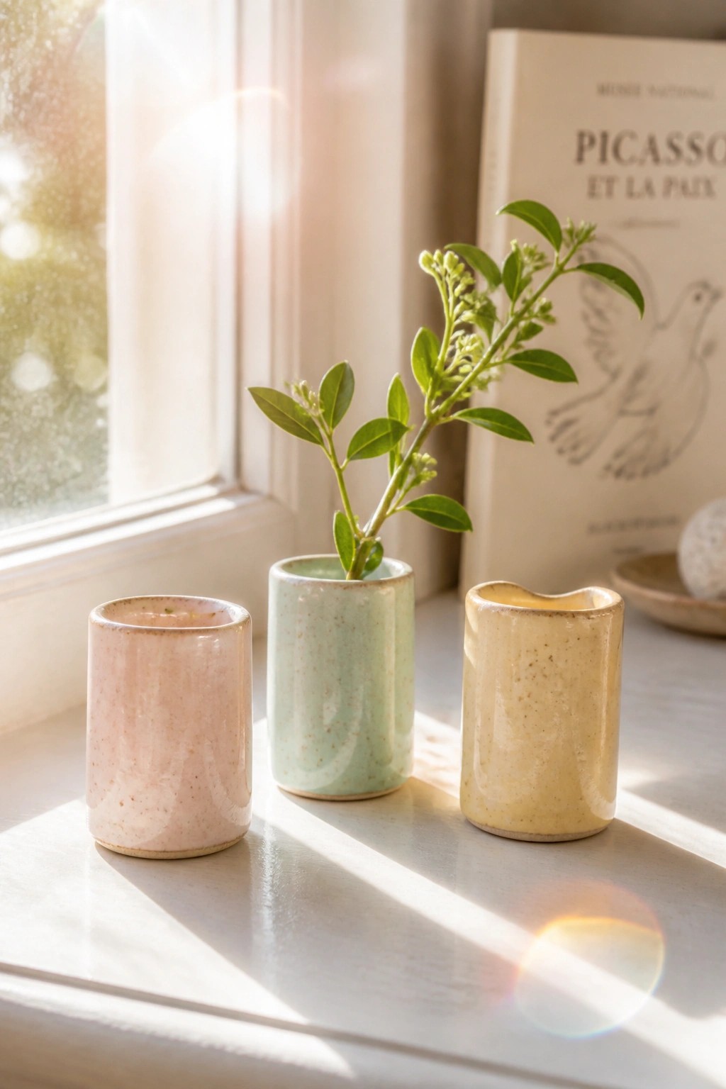 Three speckled ceramic vases on sunlit windowsill, one holding green plant branch