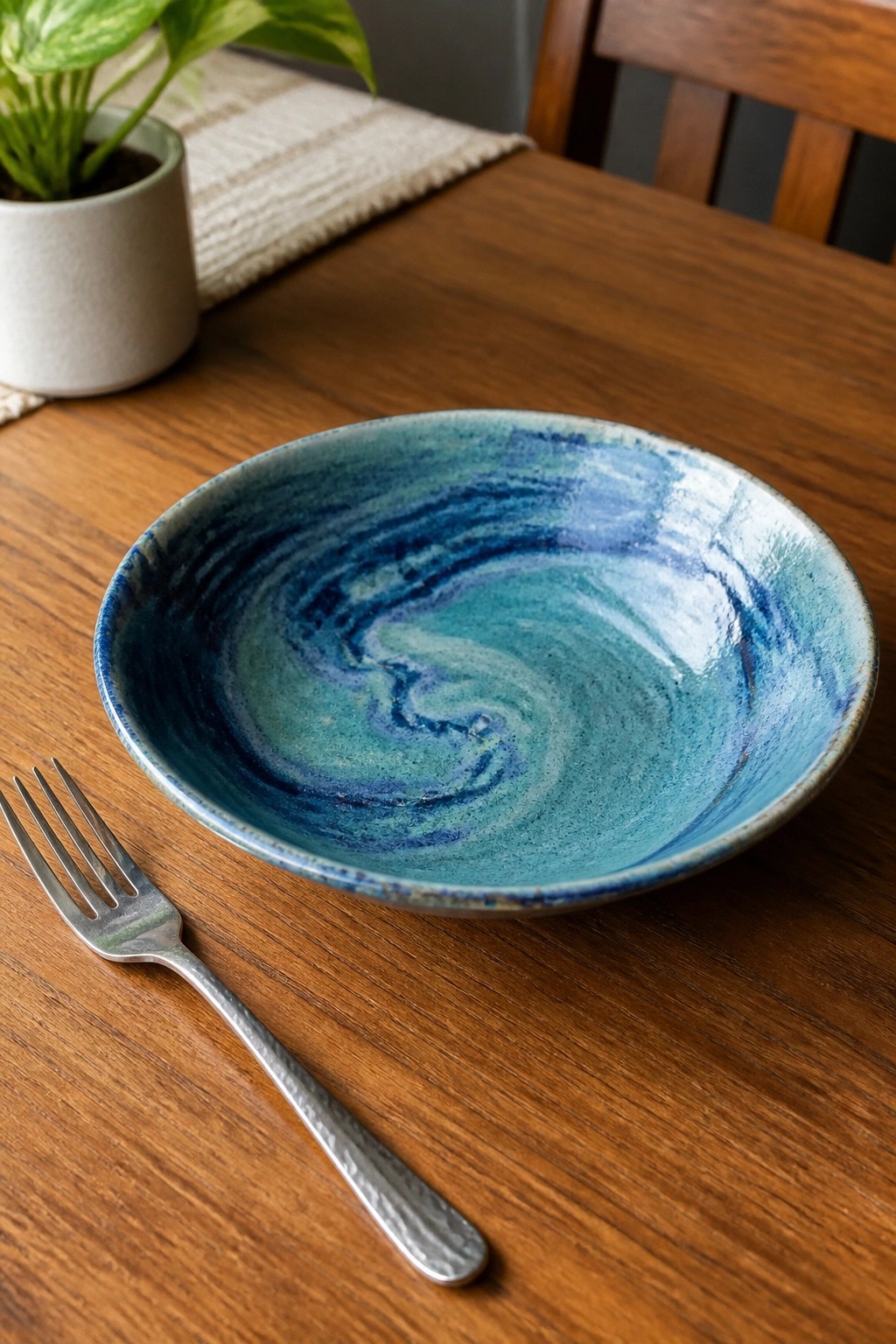 Blue-green swirled ceramic bowl with fork on wooden table near plant