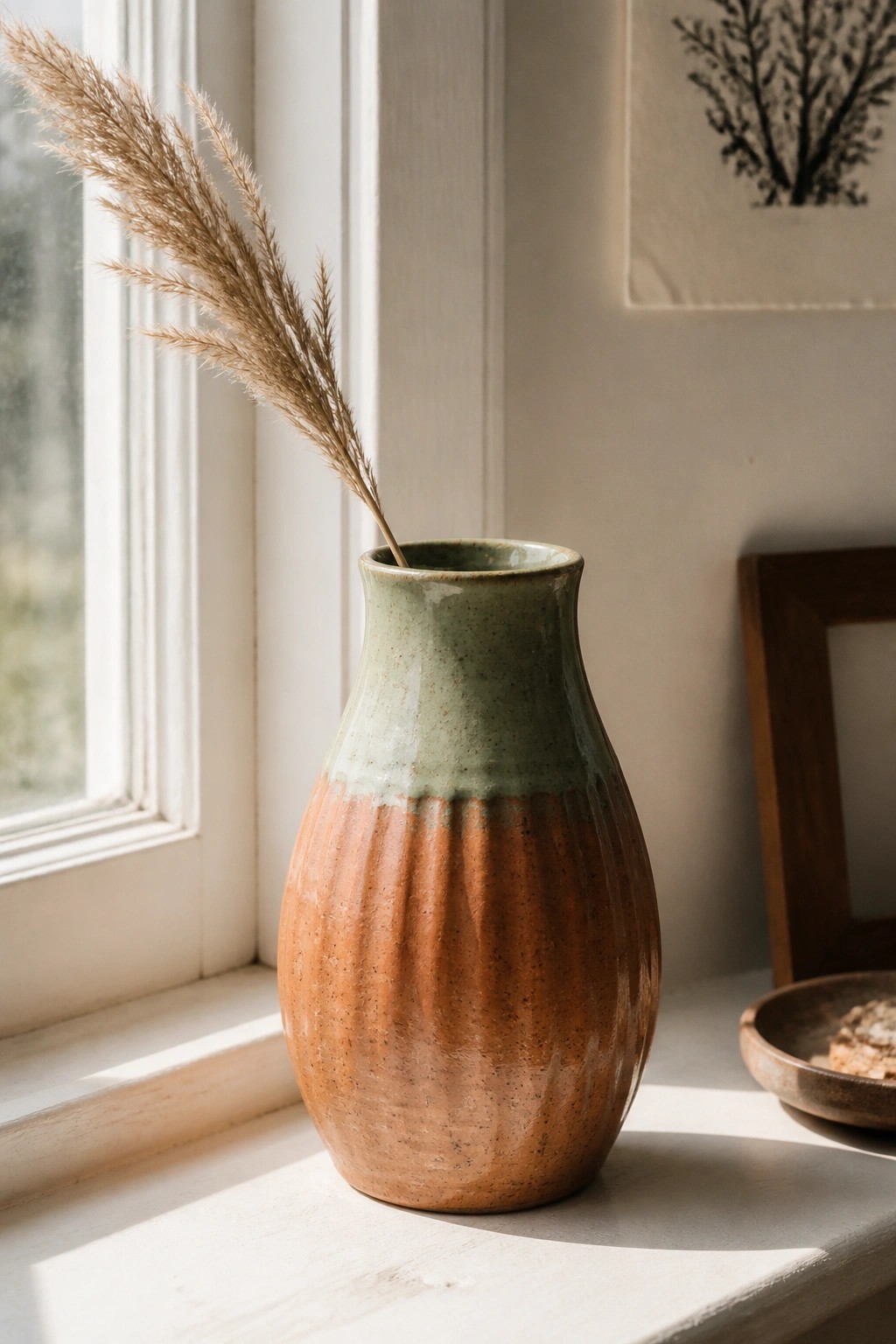 Green and terracotta ceramic vase with dried grass on sunlit windowsill