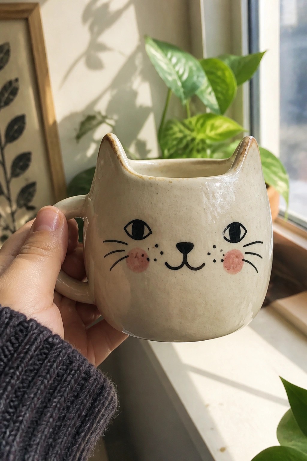 Hand in purple knit sweater holding beige cat-faced ceramic mug near window