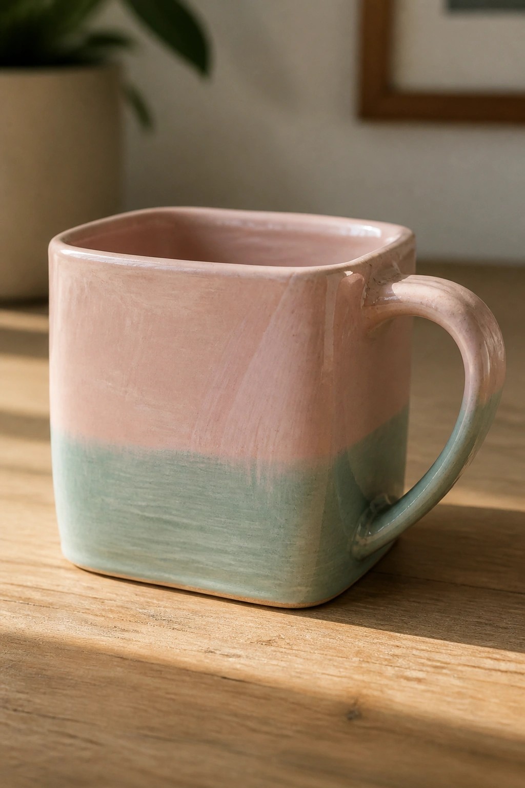 Square pink-and-green gradient ceramic mug on wooden tabletop