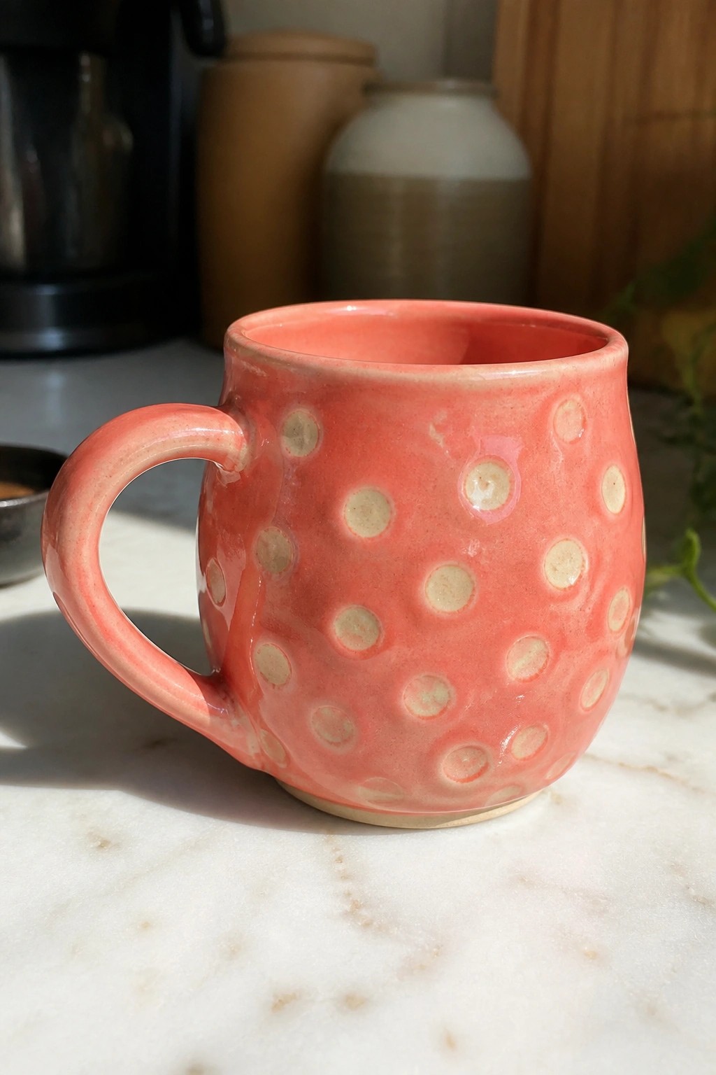 Pink polka-dotted ceramic mug with handle on white marble countertop.