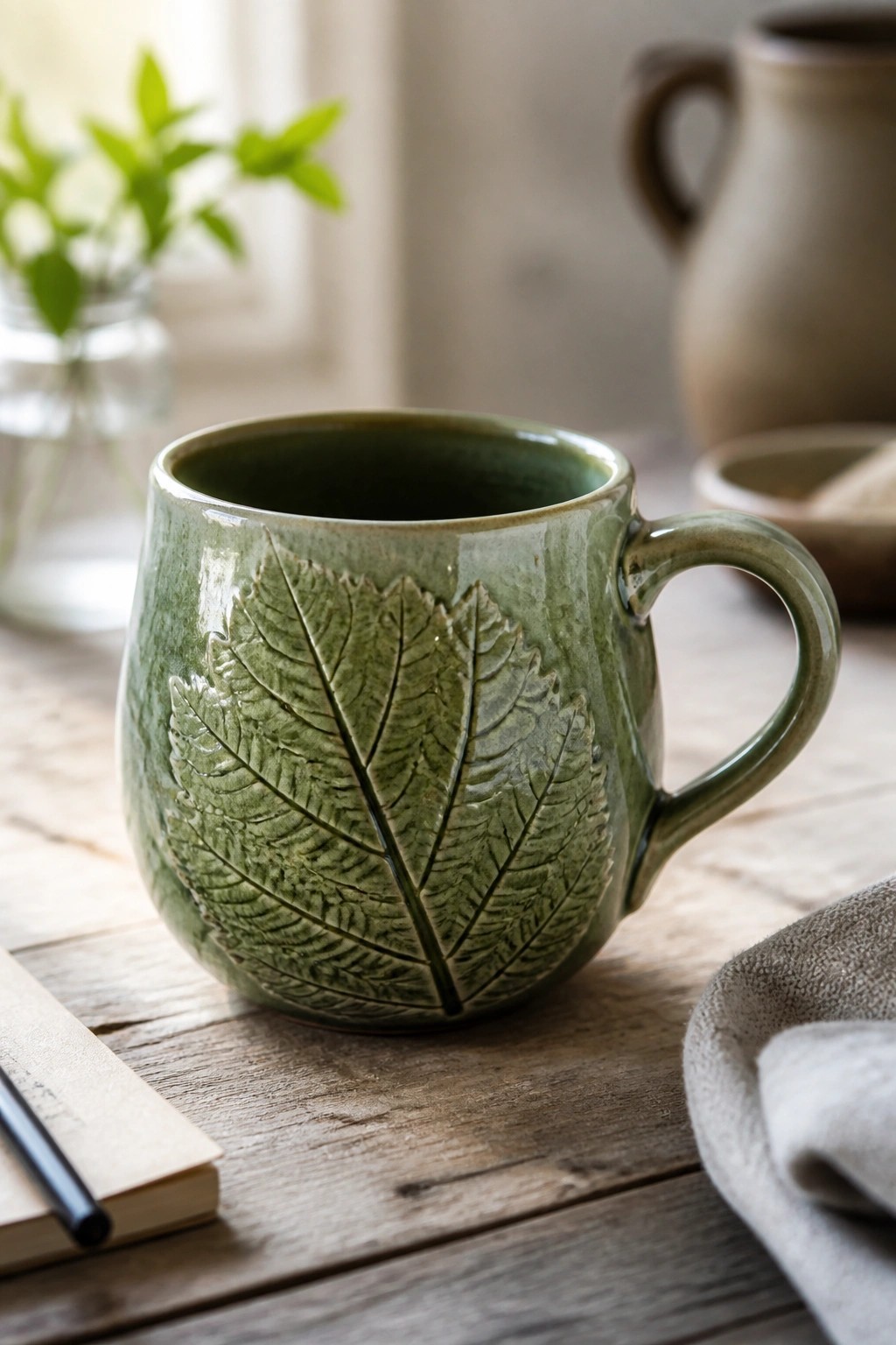 A green ceramic mug with a large embossed leaf on the side rests on a wooden table.