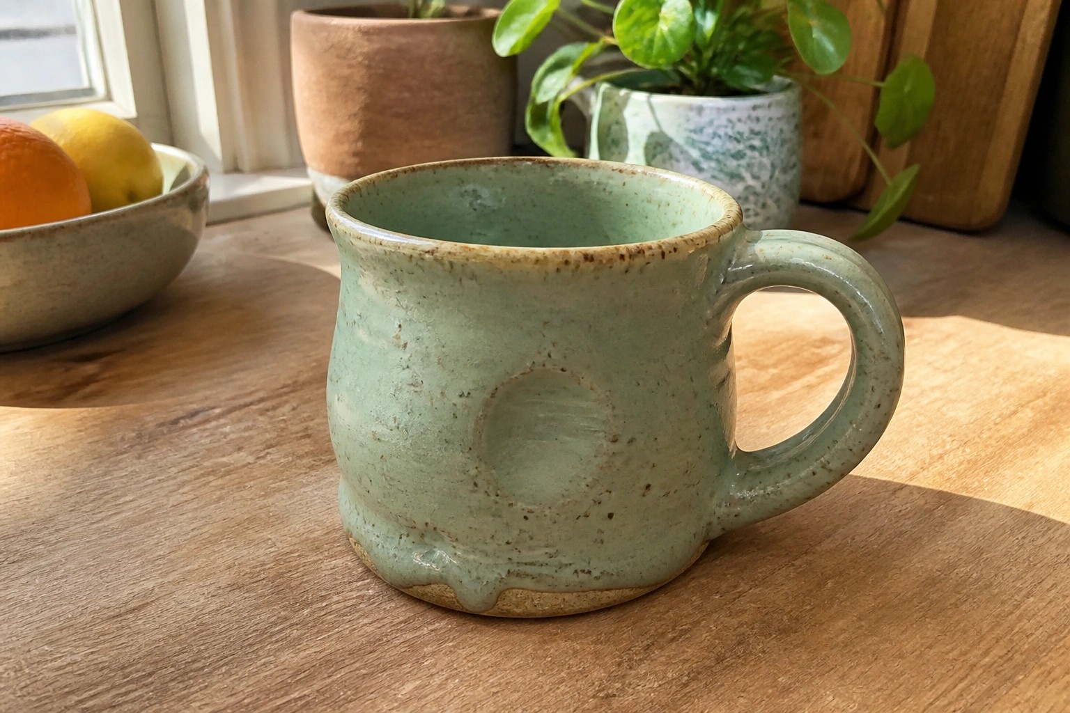 Light green speckled ceramic mug on sunlit wooden kitchen table
