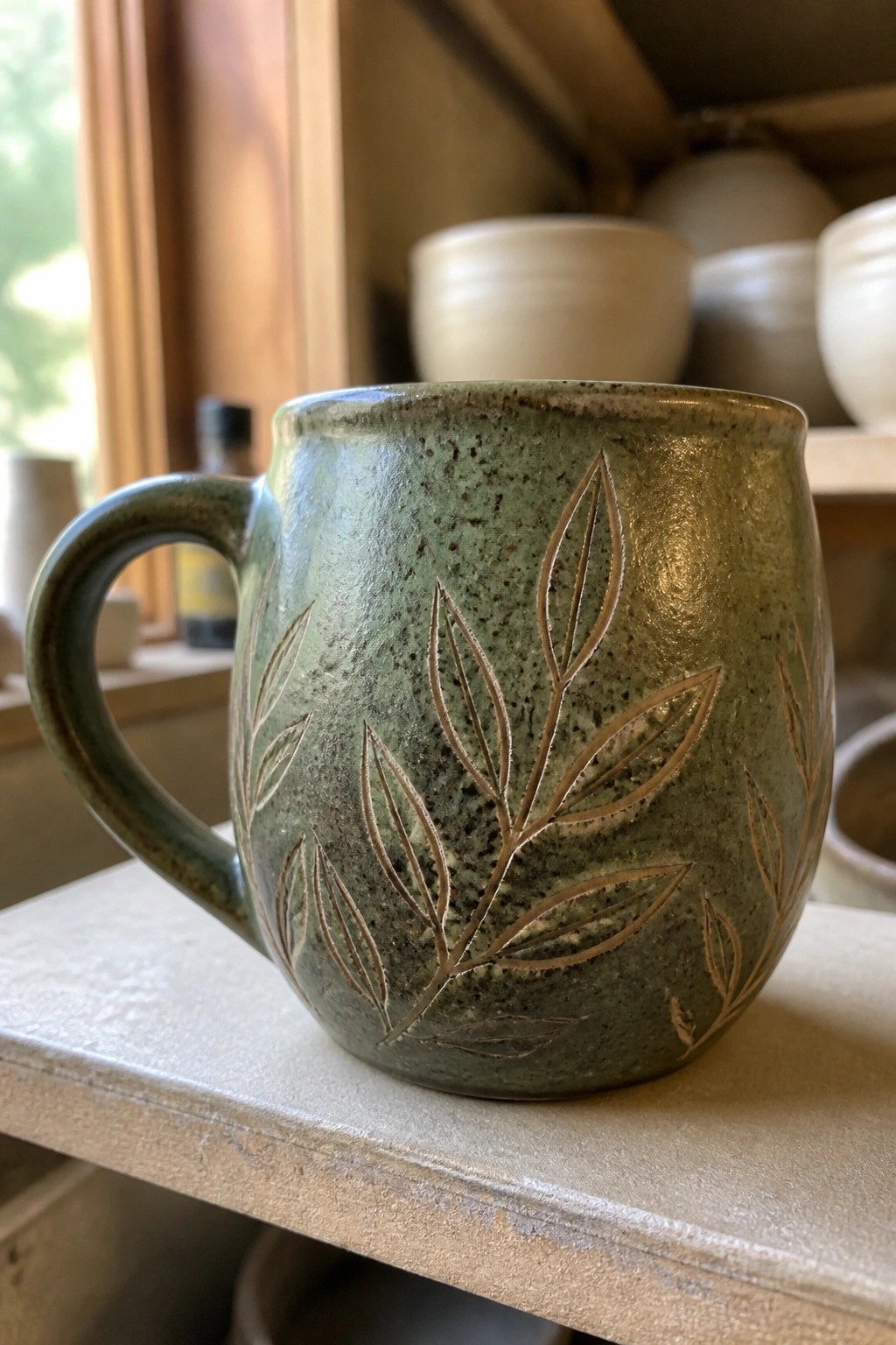 Green ceramic mug with etched leaf designs on a workshop shelf