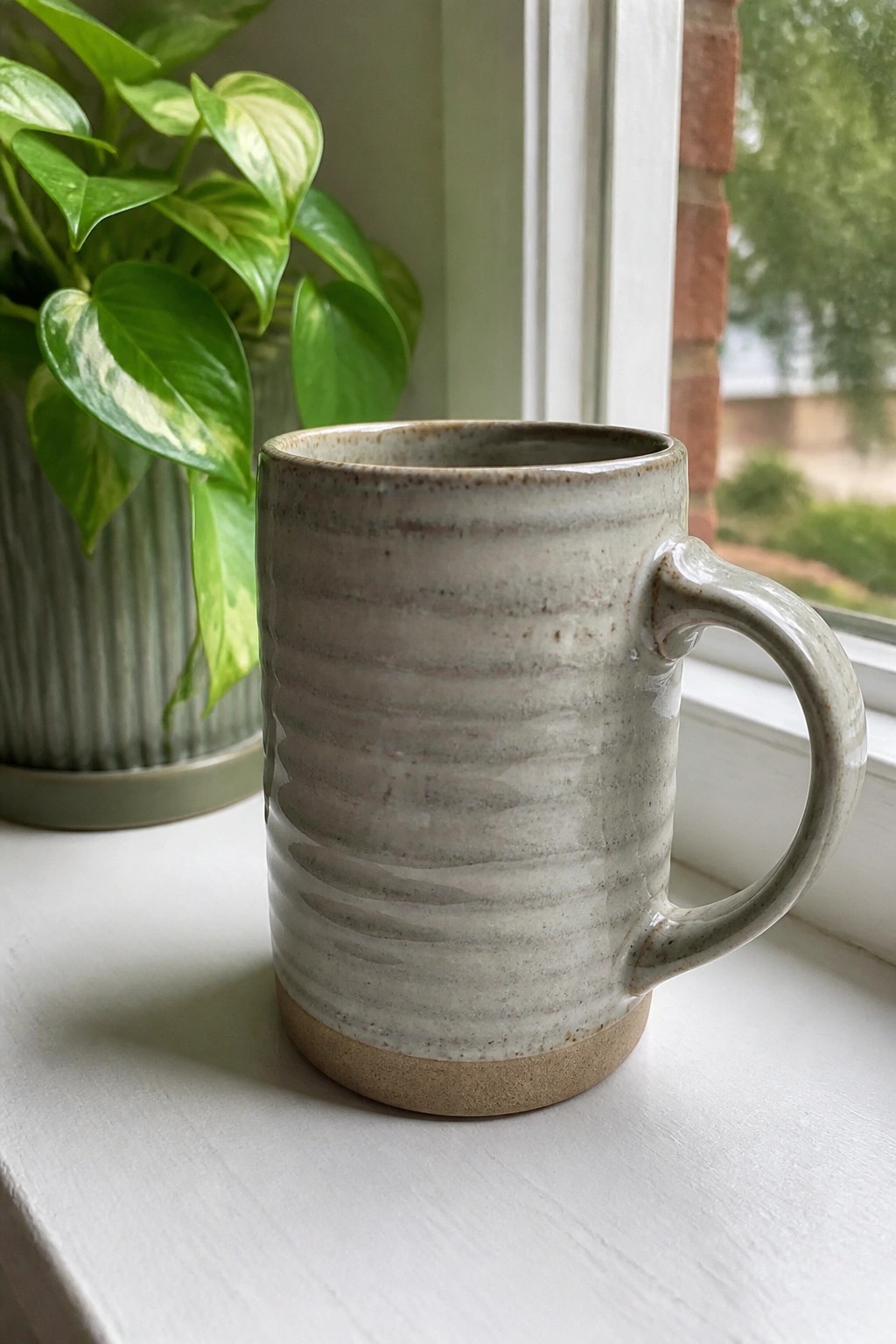 Ceramic mug on white windowsill beside green potted plant near window.