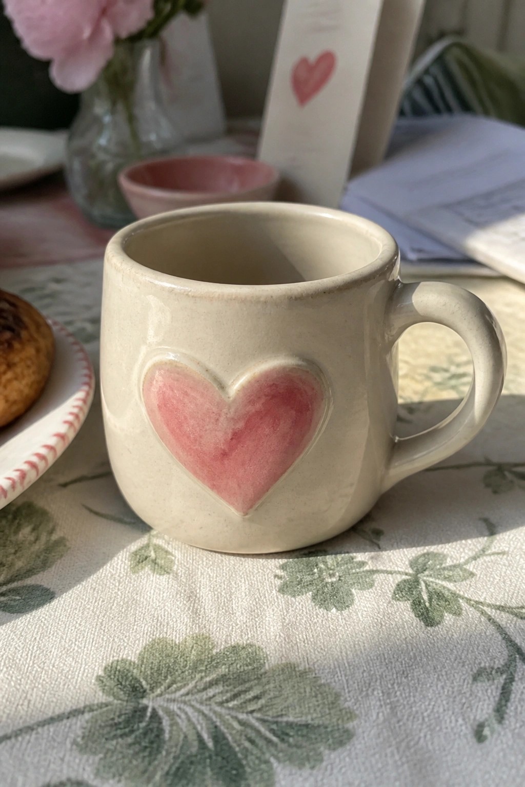 Ceramic mug with pink heart on green floral tablecloth beside muffin and flower vase