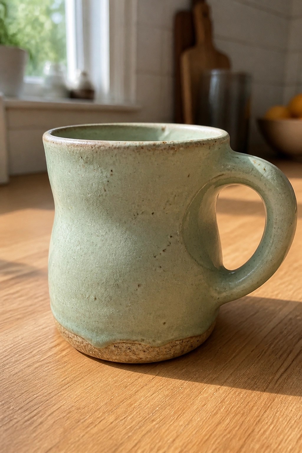 Light green speckled ceramic mug on sunlit wooden kitchen table