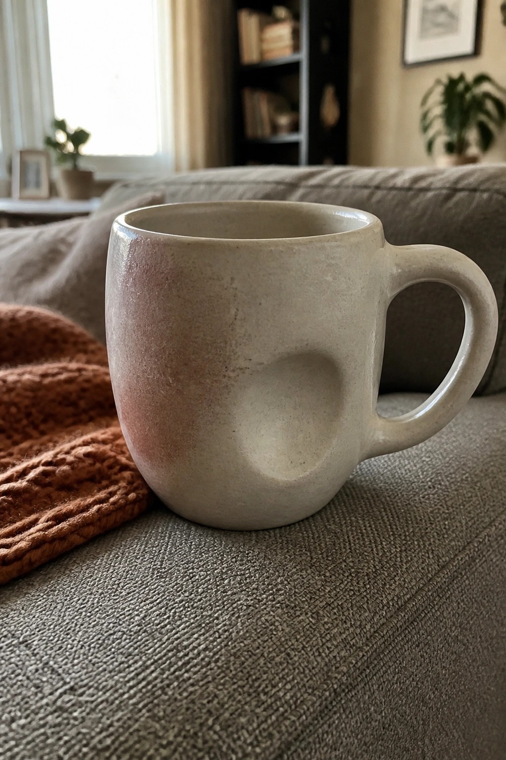 A beige ceramic mug with a large circular indent on the side sits on a gray couch next to an orange knitted blanket.
