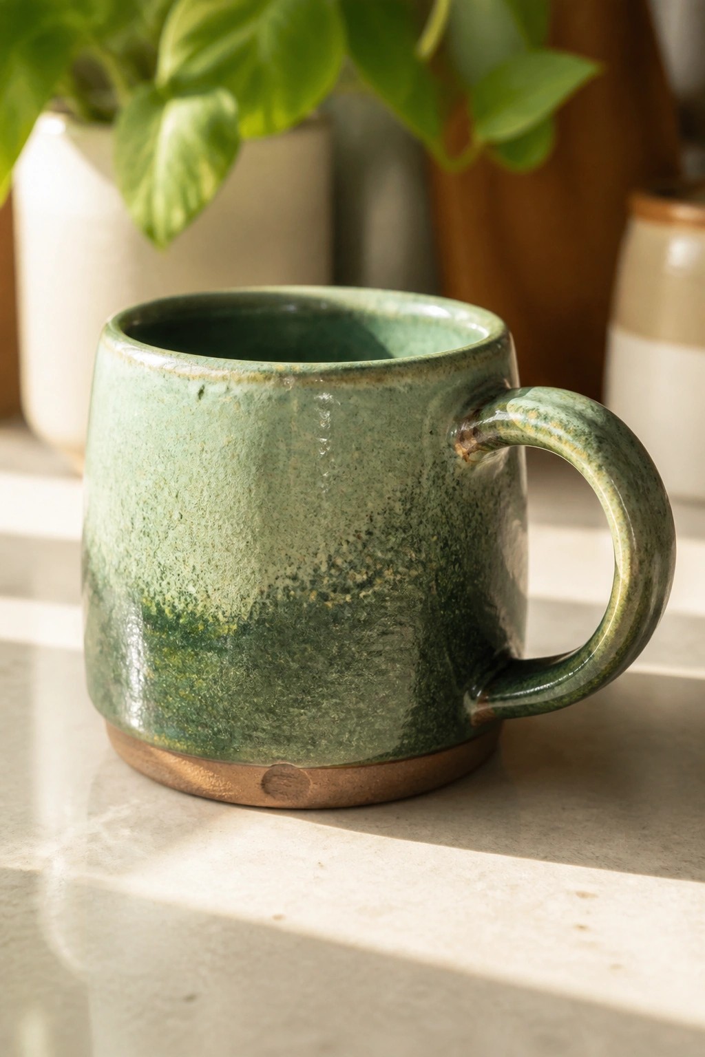 Green speckled ceramic mug with handle on sunlit white countertop near plants