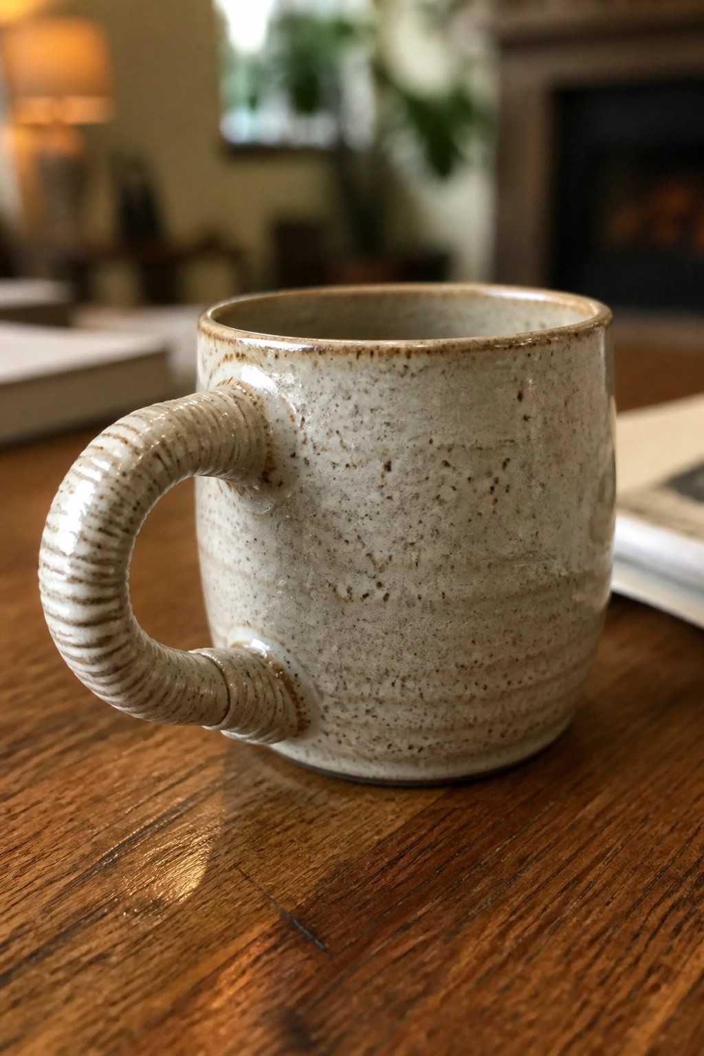 Speckled beige ceramic mug with ridged handle on wooden table