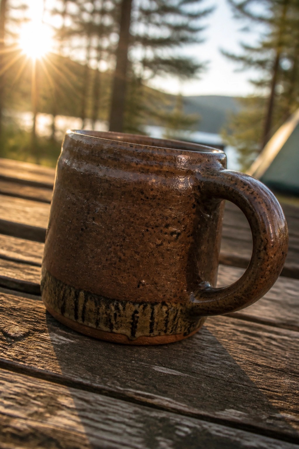 Speckled brown ceramic mug on wooden table with sunlit trees and lake behind