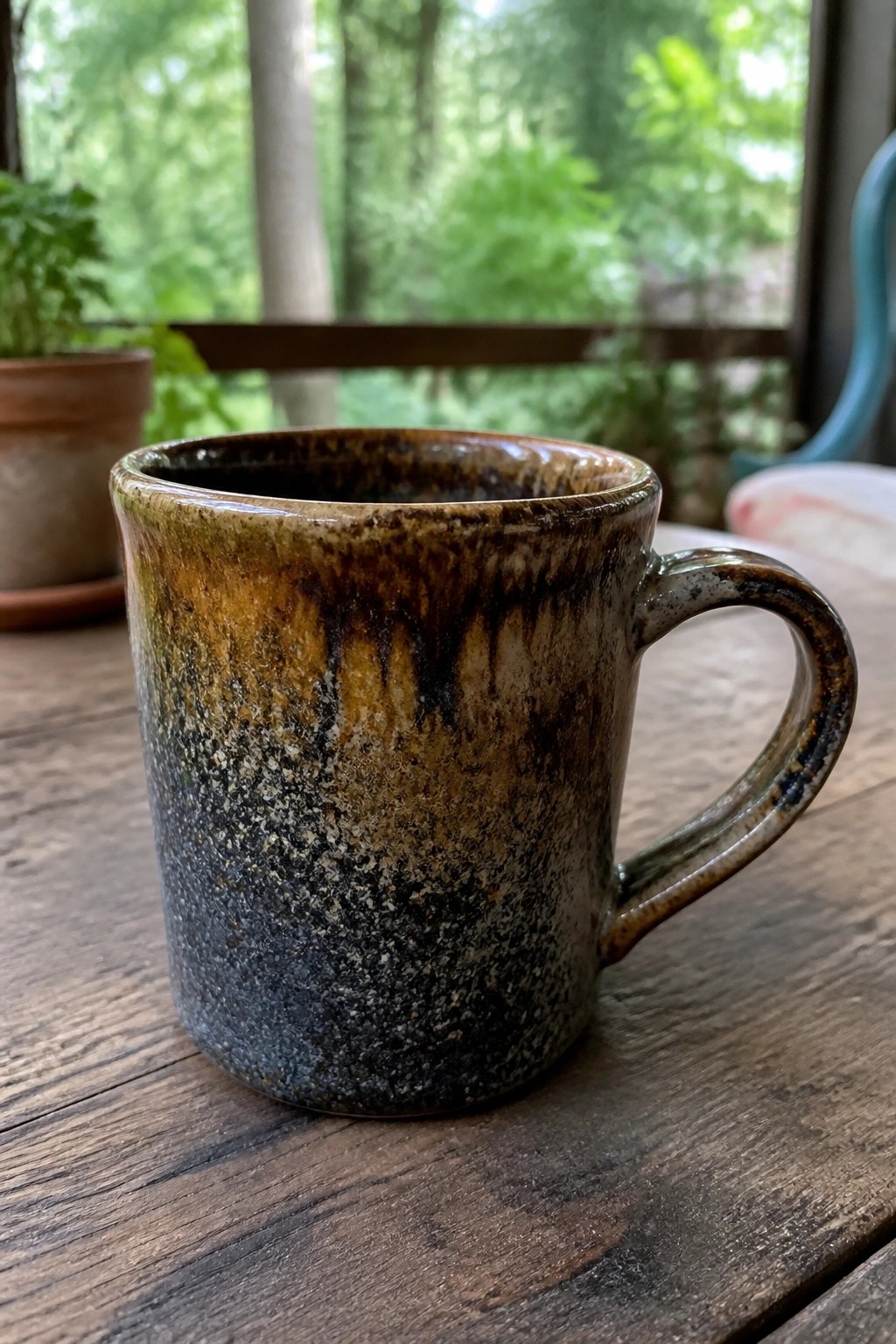 Rustic ceramic mug with brown, orange, and black speckled glaze on wood
