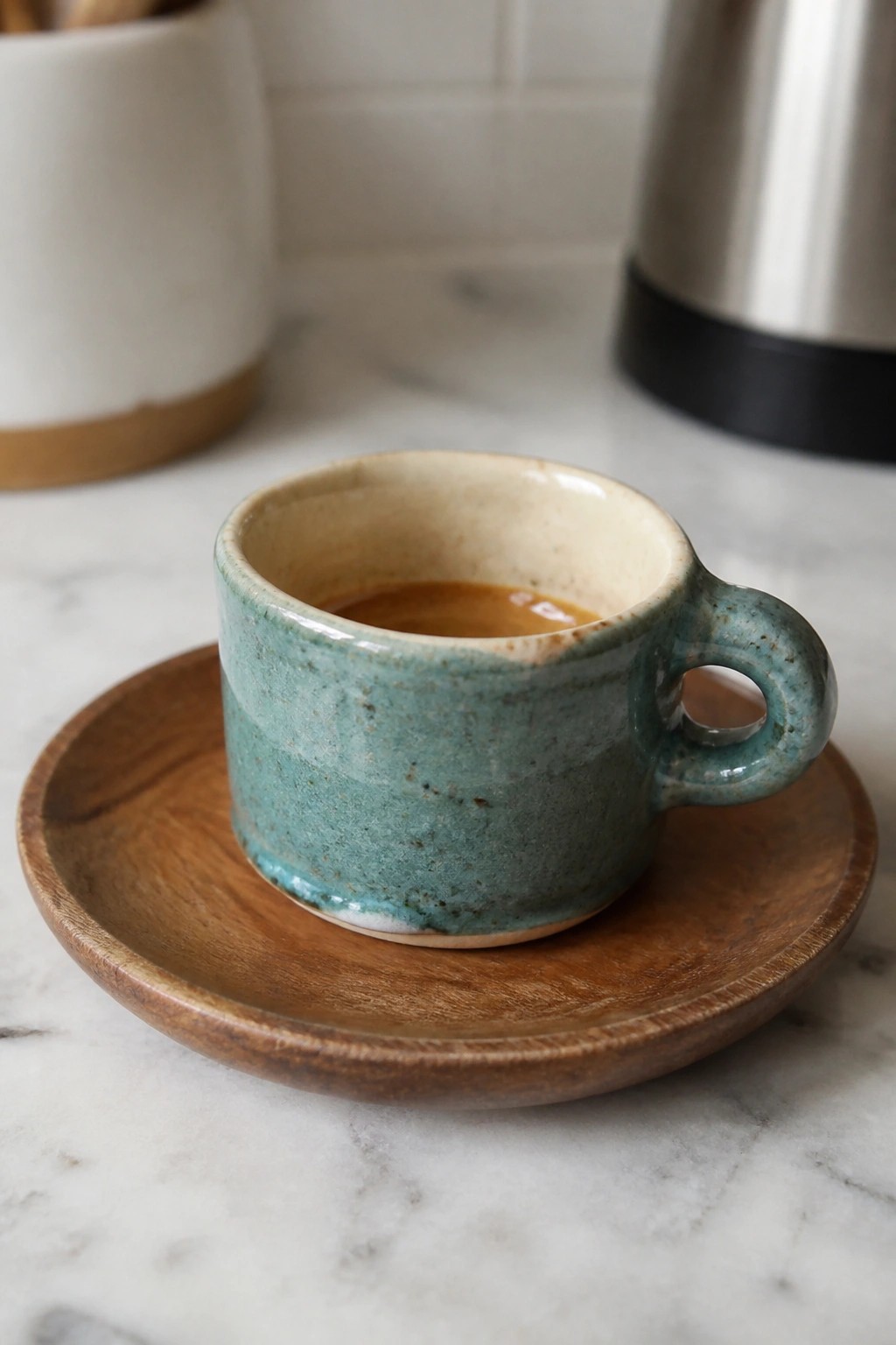 A small teal ceramic mug with a loop handle sits on a round wooden saucer on a marble surface.