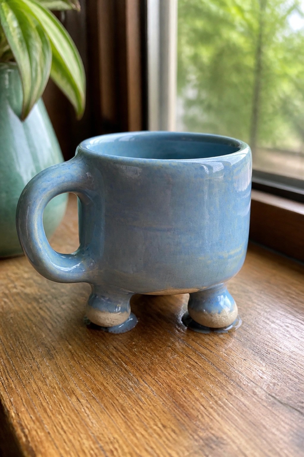 Blue ceramic mug with handle and three feet on wooden table