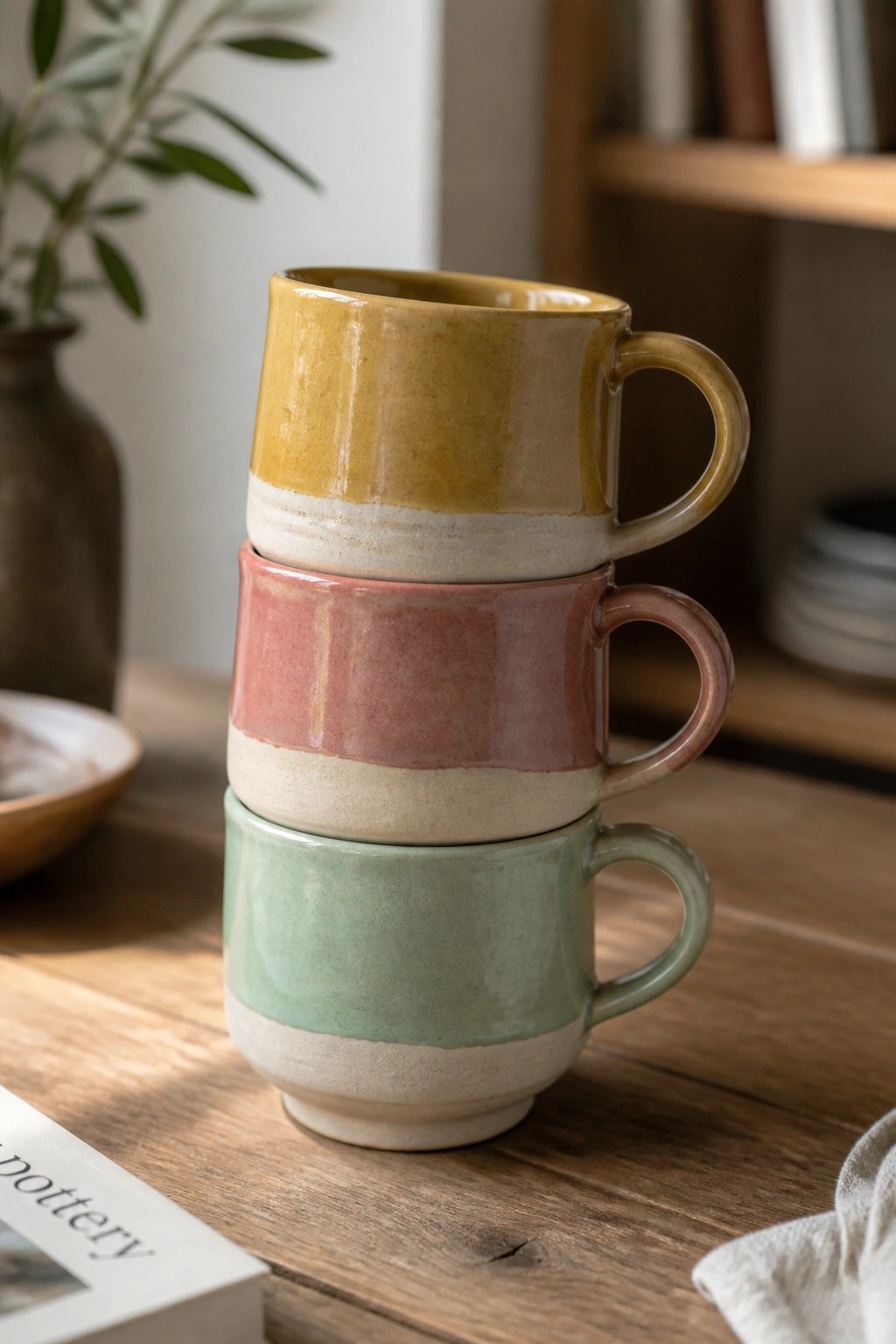 Three stacked ceramic mugs in yellow, pink, and green on a wooden table.