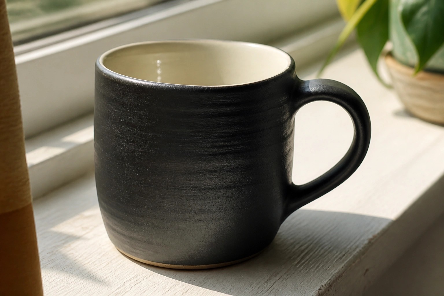 Black ceramic mug on white windowsill with blurred green window view.