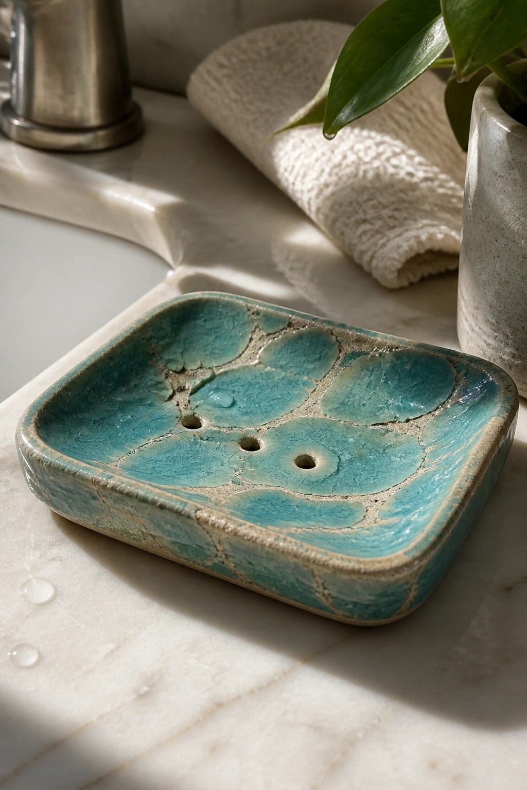 Turquoise crackled ceramic soap dish on marble counter with water droplets and plant