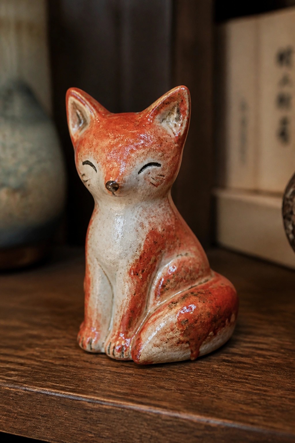 Orange and white ceramic fox figurine with closed eyes on wooden shelf