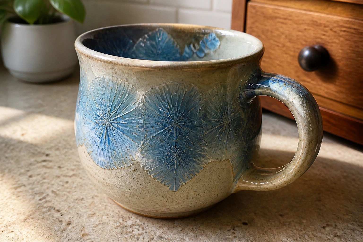 Rustic ceramic mug with blue crystalline glaze and handle on marble counter