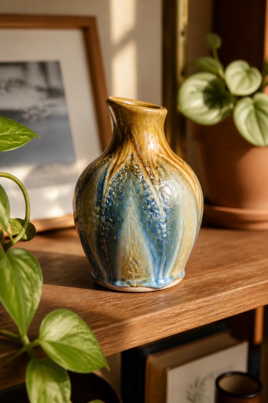 A small handmade ceramic vase with a bulbous body sits on a wooden shelf, covered in a flowing glaze of blue, brown, and yellow that streaks downward.