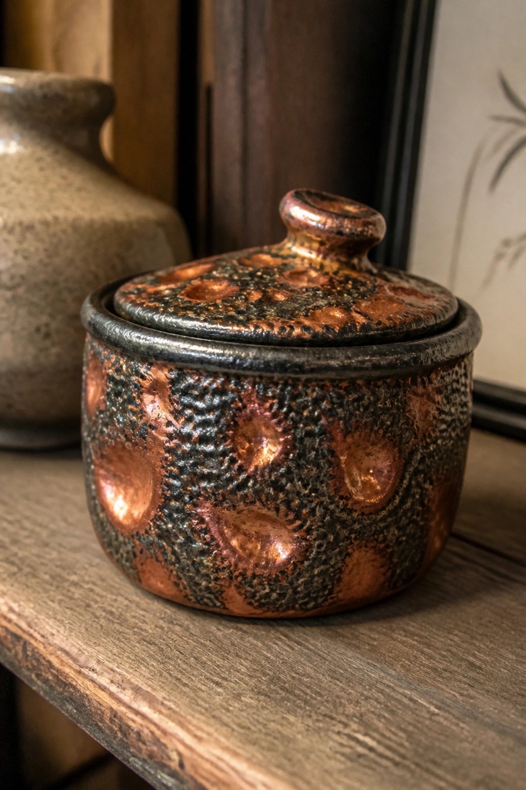 Textured copper and black ceramic jar with lid on wooden surface.