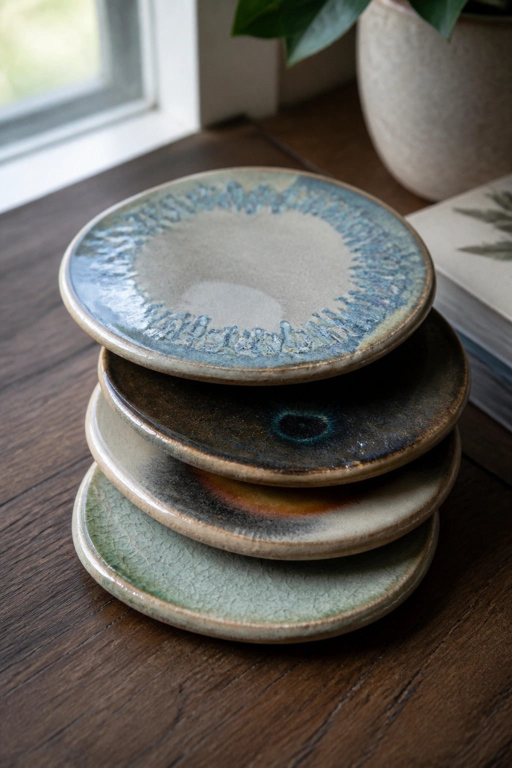 Stacked ceramic plates with blue, brown, and green glazes on wooden table
