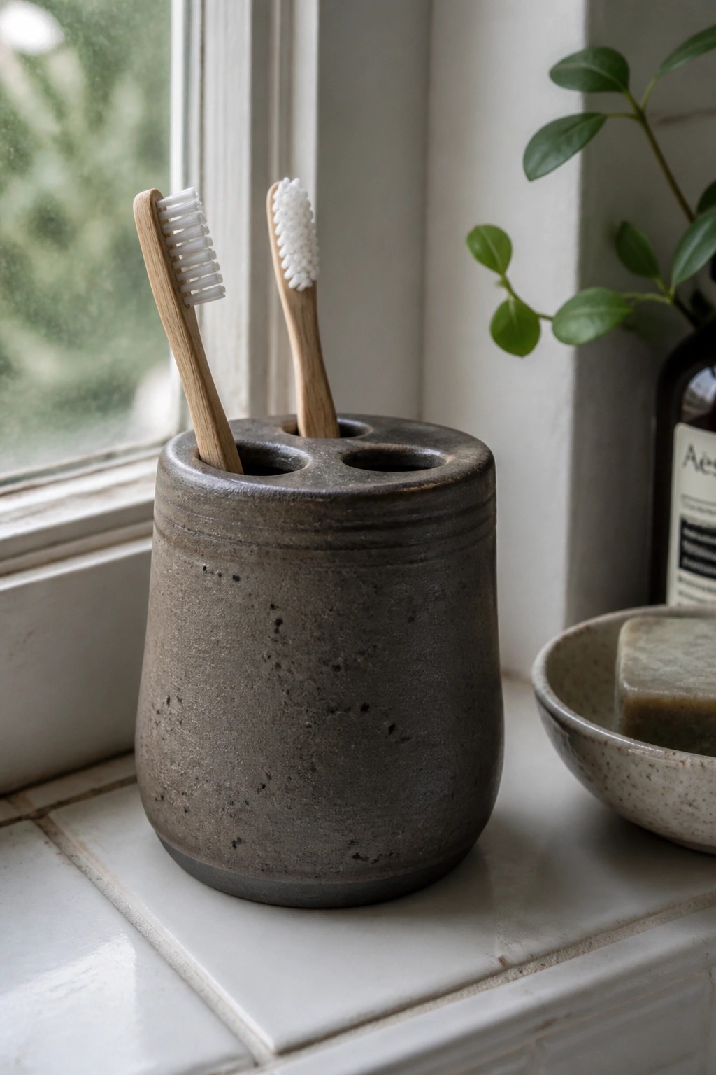 Two bamboo toothbrushes in a gray ceramic holder on a windowsill beside soap