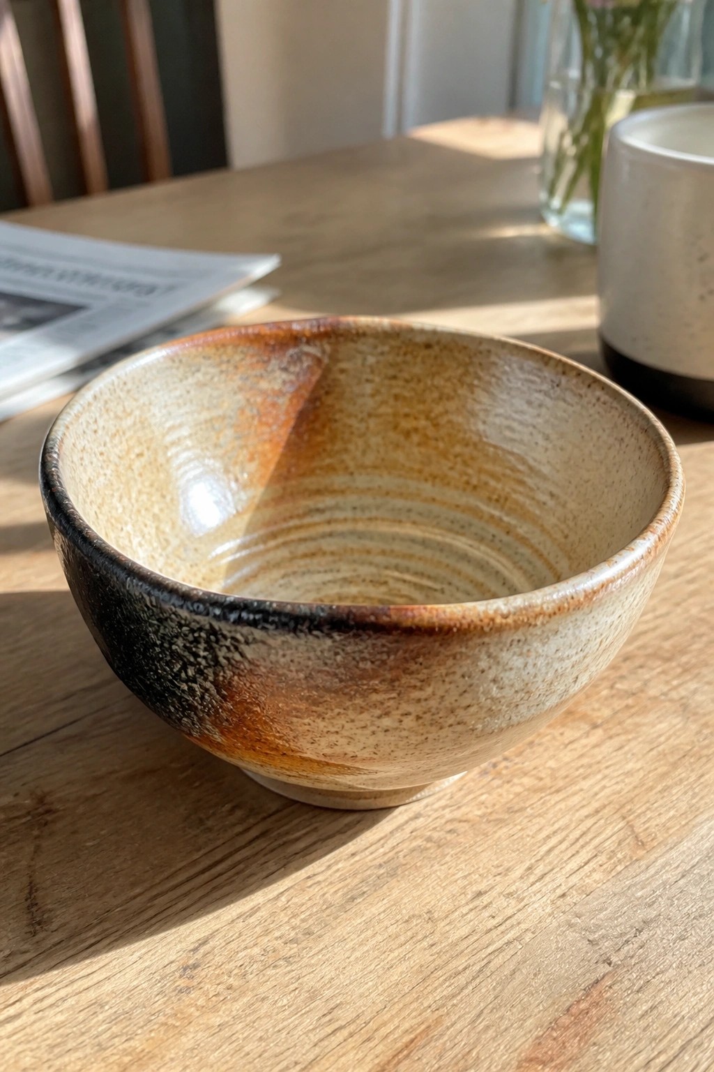 Rustic ceramic bowl with brown and beige glaze on sunlit wooden table