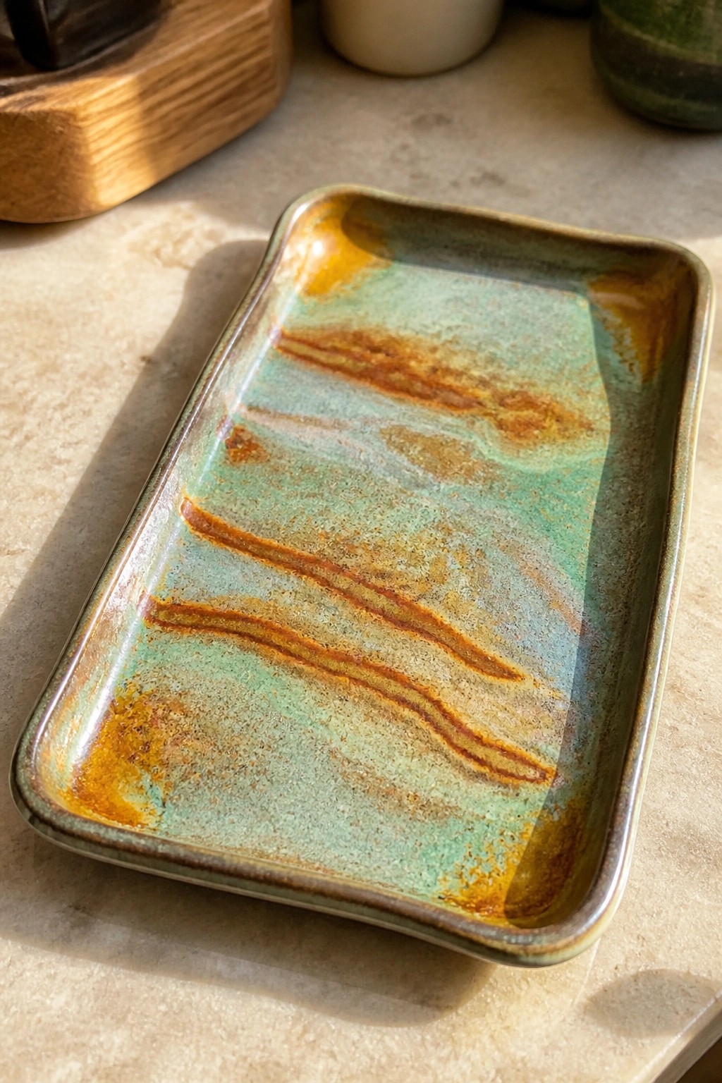 Rectangular ceramic tray with swirling turquoise, green, and orange glaze on stone.