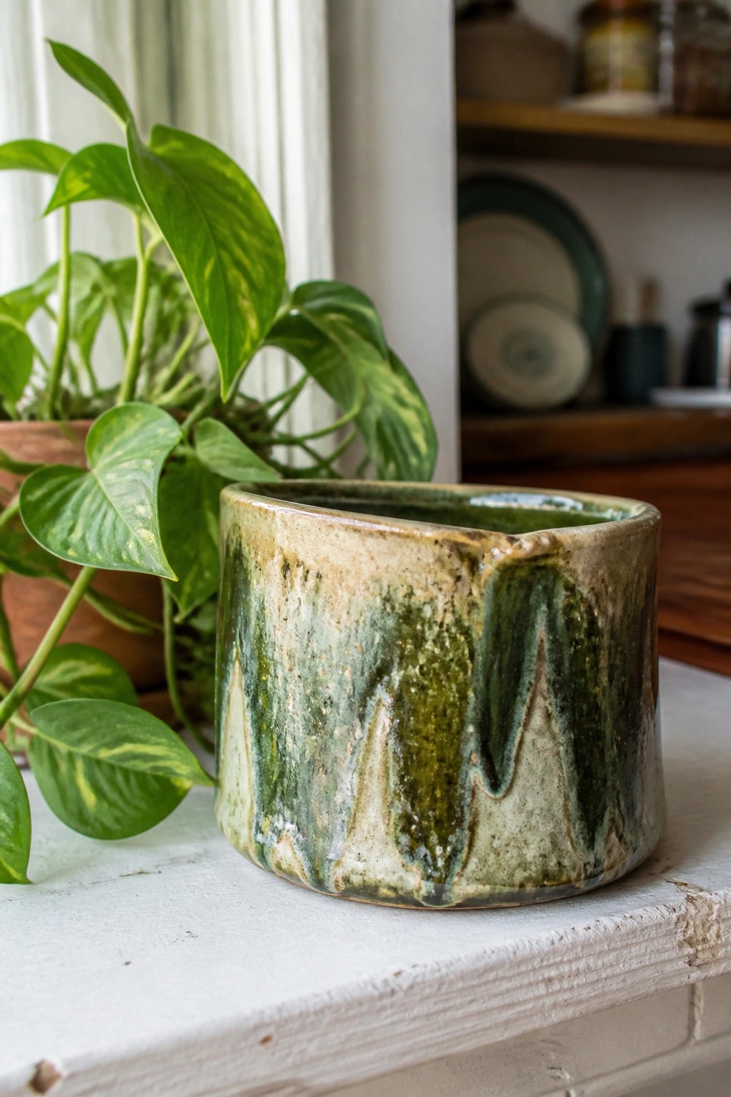 A small ceramic planter with green and brown running glaze rests on a white surface next to a potted plant.