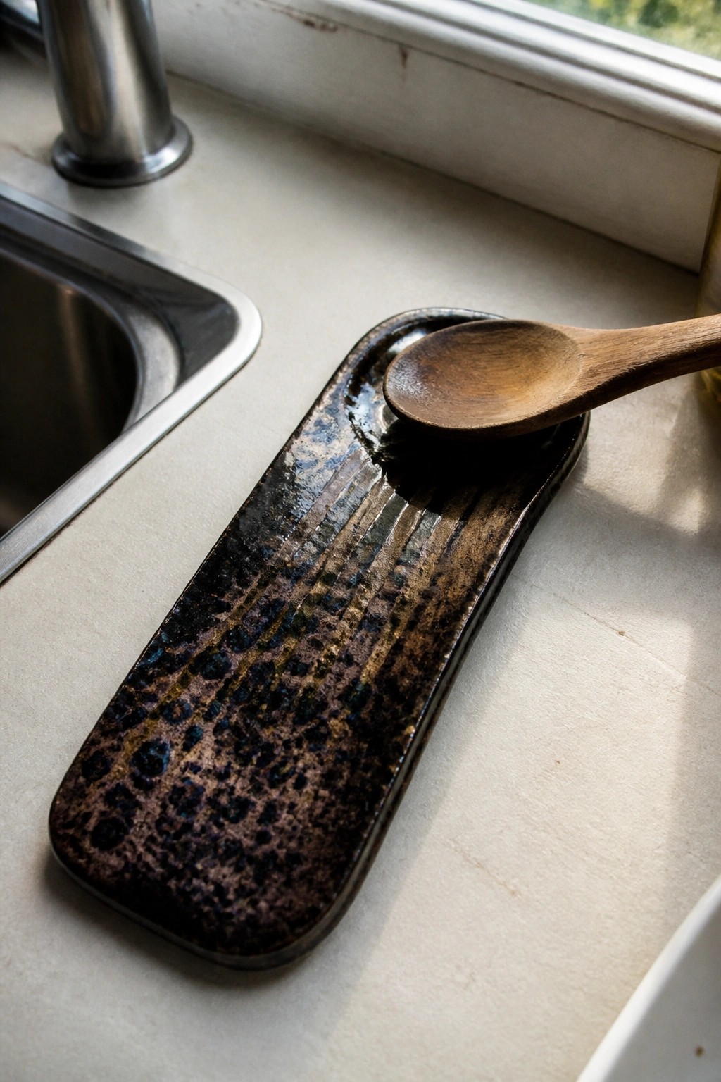 Wooden spoon on a dark speckled ceramic tray beside a kitchen sink.
