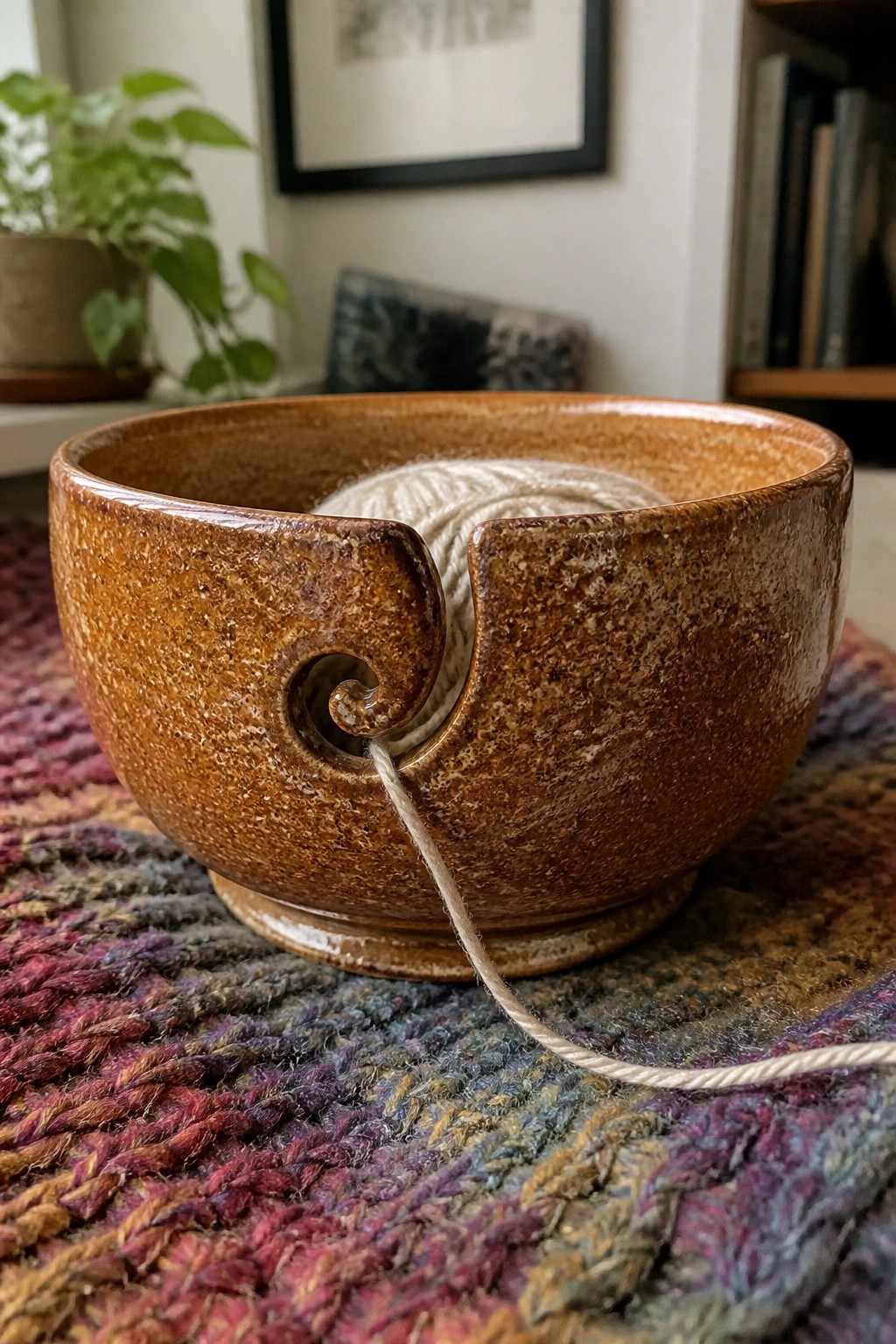 Brown ceramic yarn bowl with spiral notch holding white yarn on woven mat