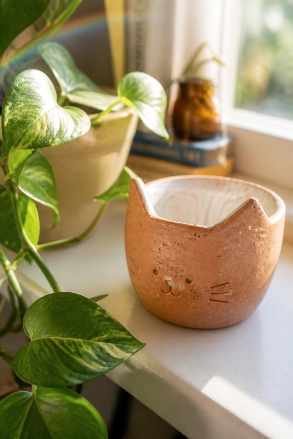 Terracotta cat-face planter on sunny windowsill beside green pothos and books