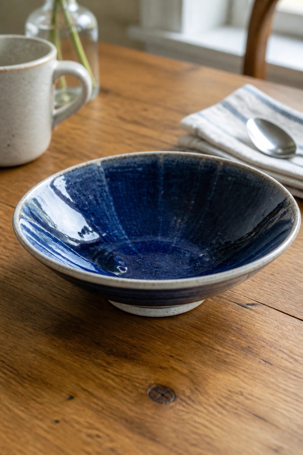 Blue ceramic bowl on wooden table with mug, vase, and striped napkin