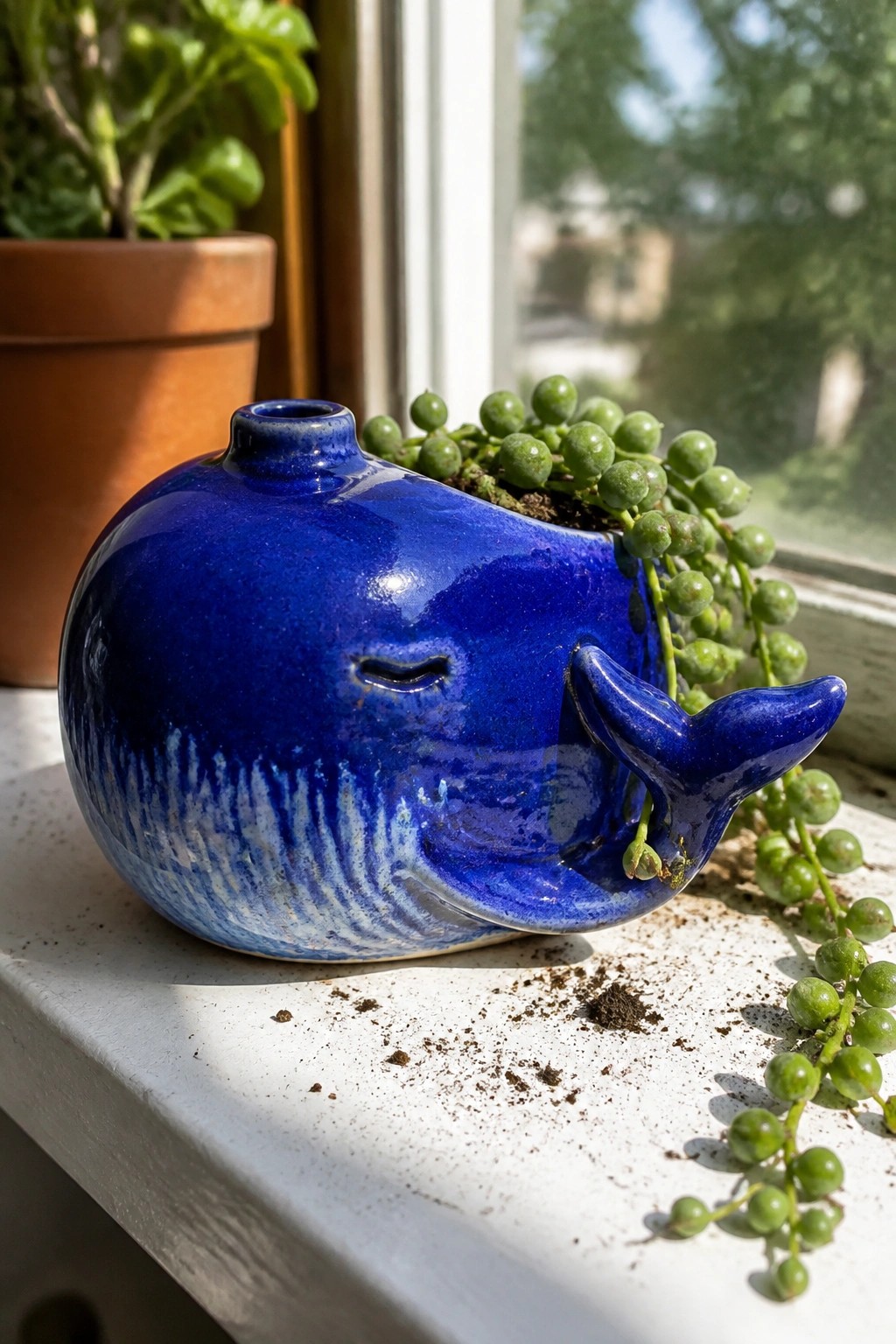 Blue whale ceramic planter with trailing string of pearls succulent on windowsill.