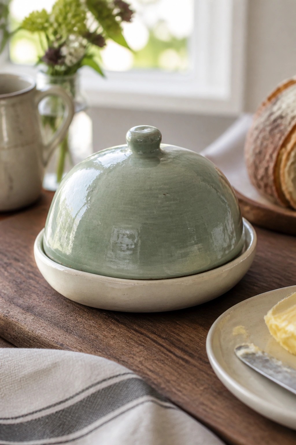 Green ceramic butter cloche on wooden table with bread and butter plate nearby