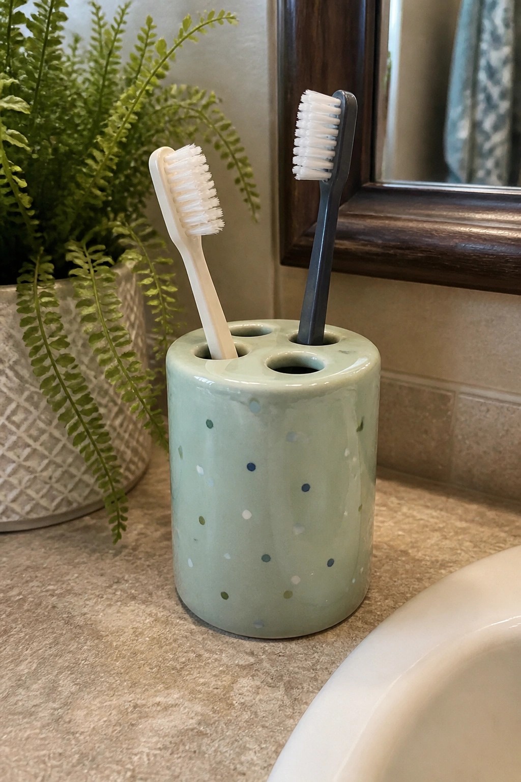 Two toothbrushes in a light green polka-dotted ceramic holder on a bathroom counter
