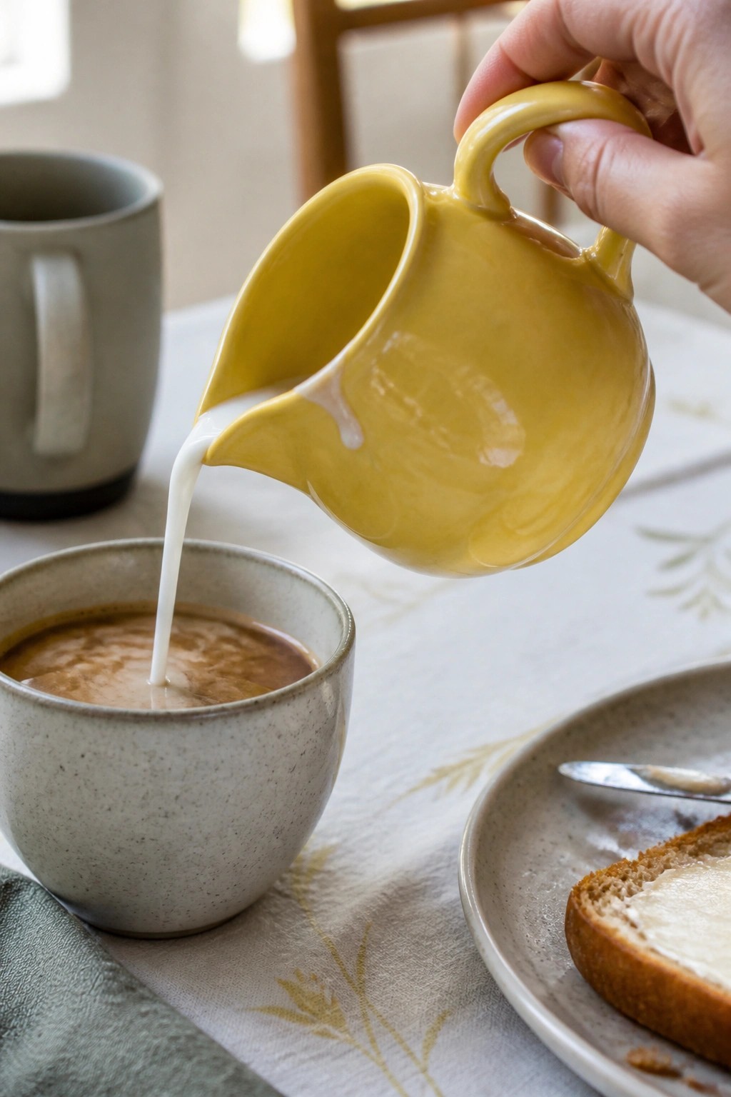 A hand pours milk from a small yellow ceramic pitcher into a speckled mug on a table with toast nearby.