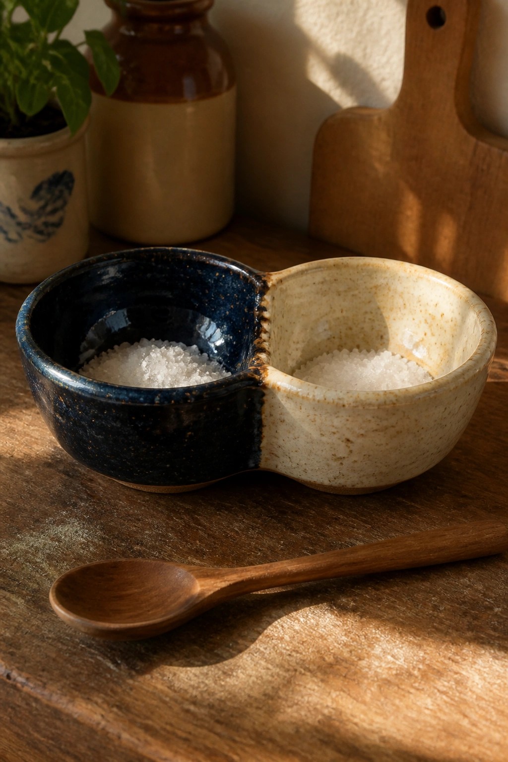 Two-part blue and beige ceramic bowl with salt and wooden spoon on table