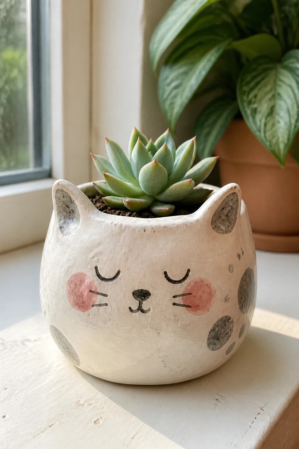 White ceramic cat-faced planter with pink cheeks holding a green succulent on windowsill