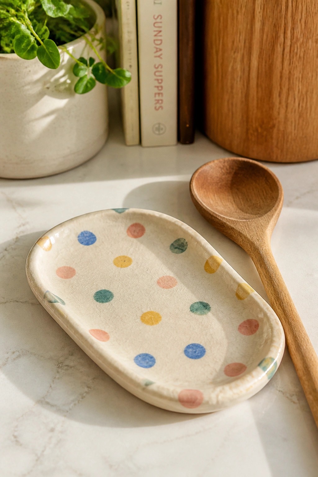 Colorful polka dot ceramic dish beside wooden spoon on marble countertop