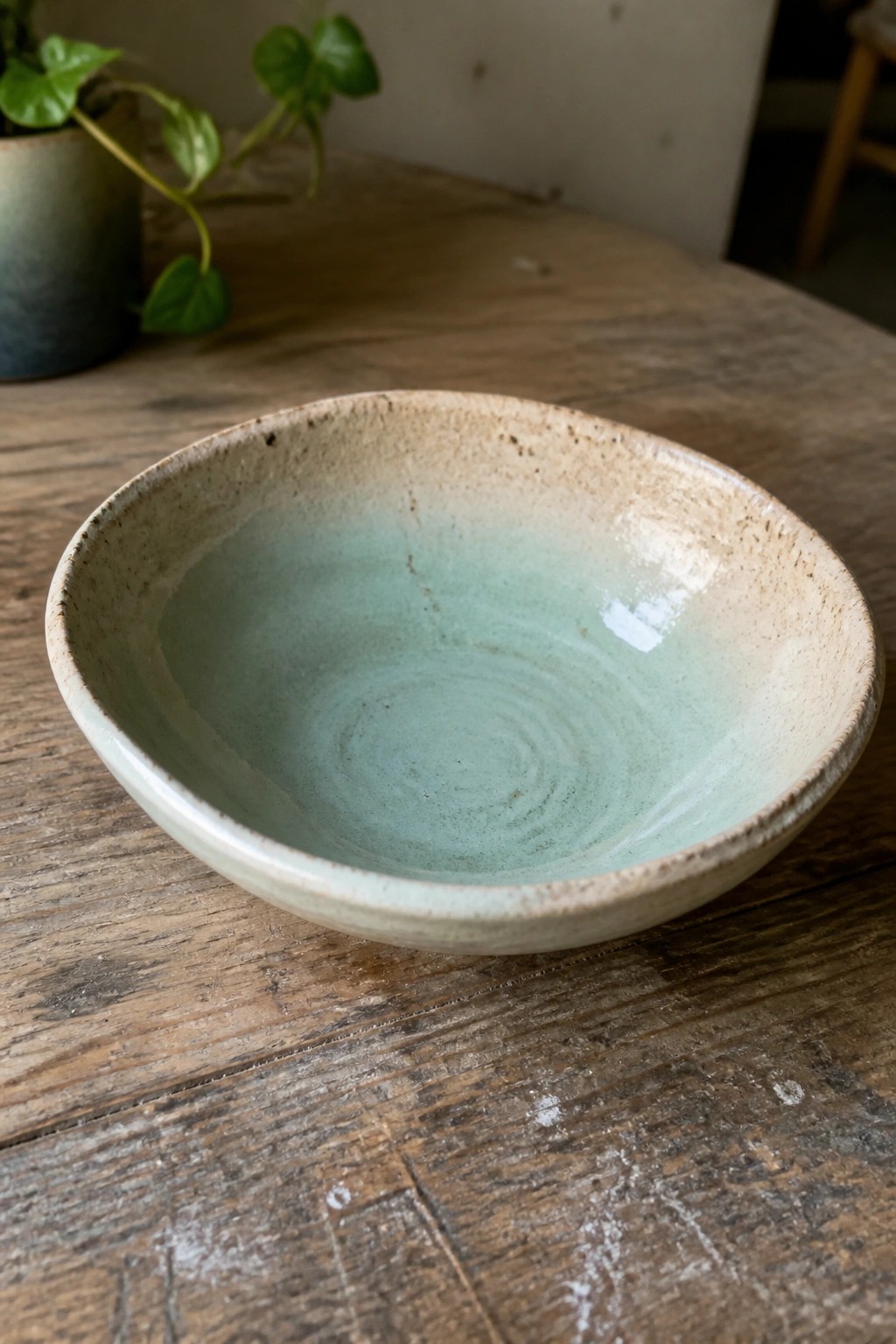 Ceramic bowl with speckled beige rim and light green glazed interior on wooden table