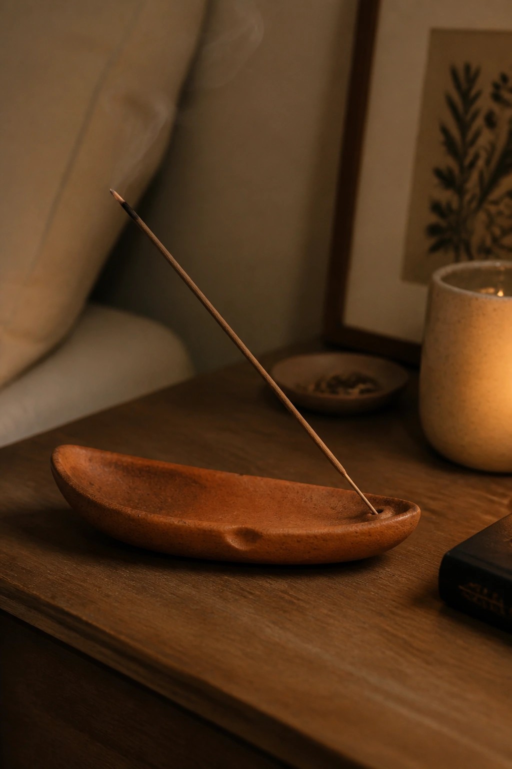 Lit incense stick in reddish clay dish on wooden table with smoke rising