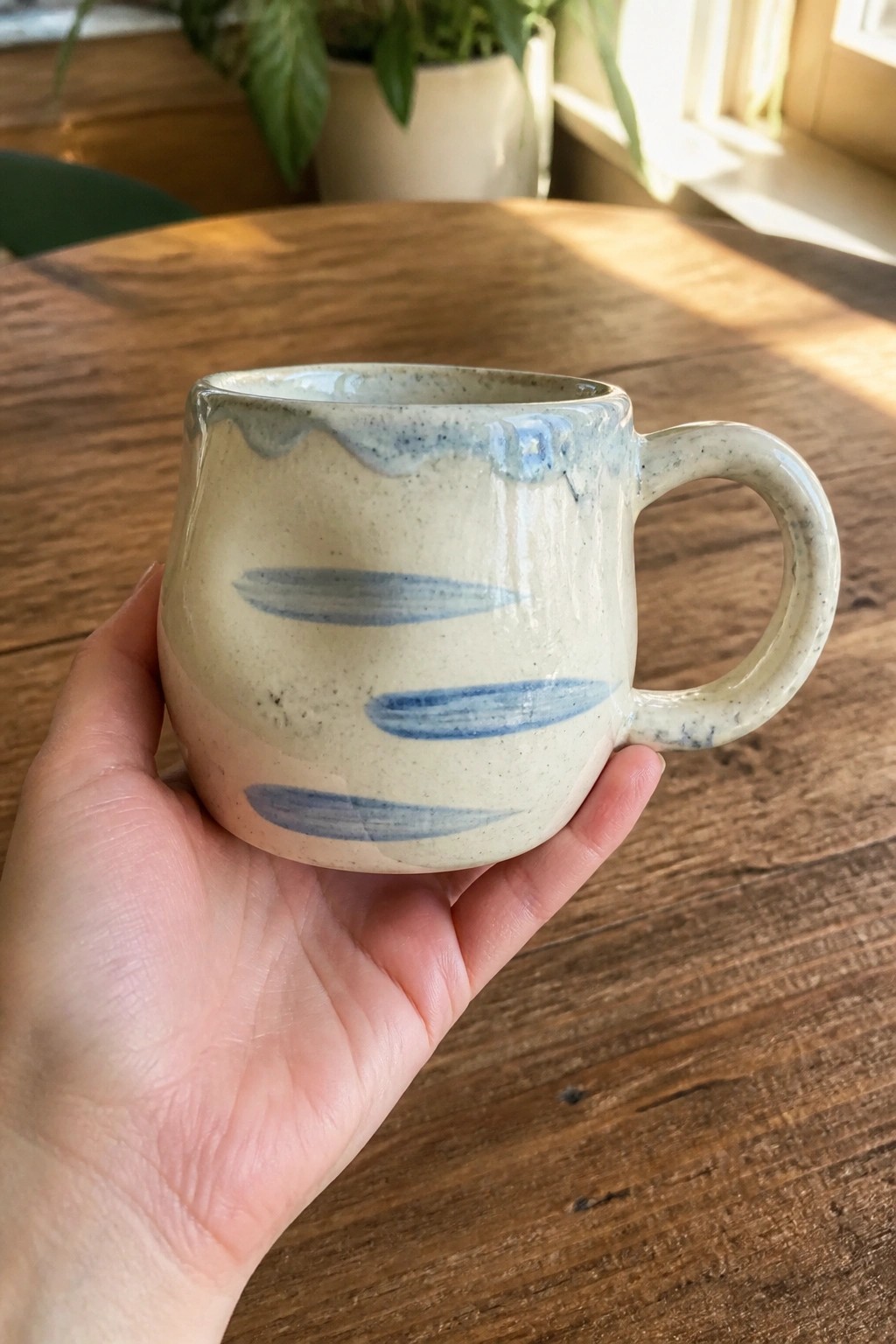 Hand holding speckled ceramic mug with blue brushstrokes on wooden table