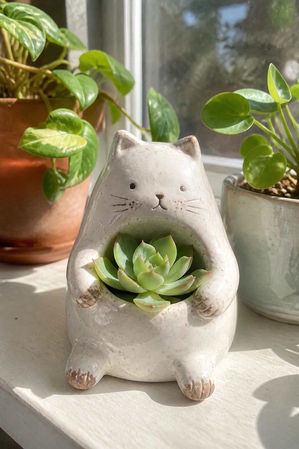 A ceramic cat figurine planter holding a green succulent on a white windowsill with other potted plants nearby.