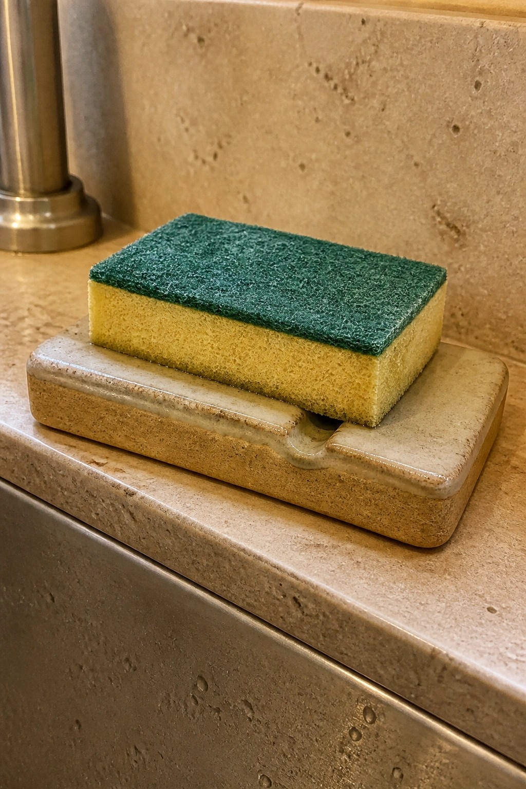 A yellow and green sponge sits in a beige ceramic holder with a groove on a stone countertop.